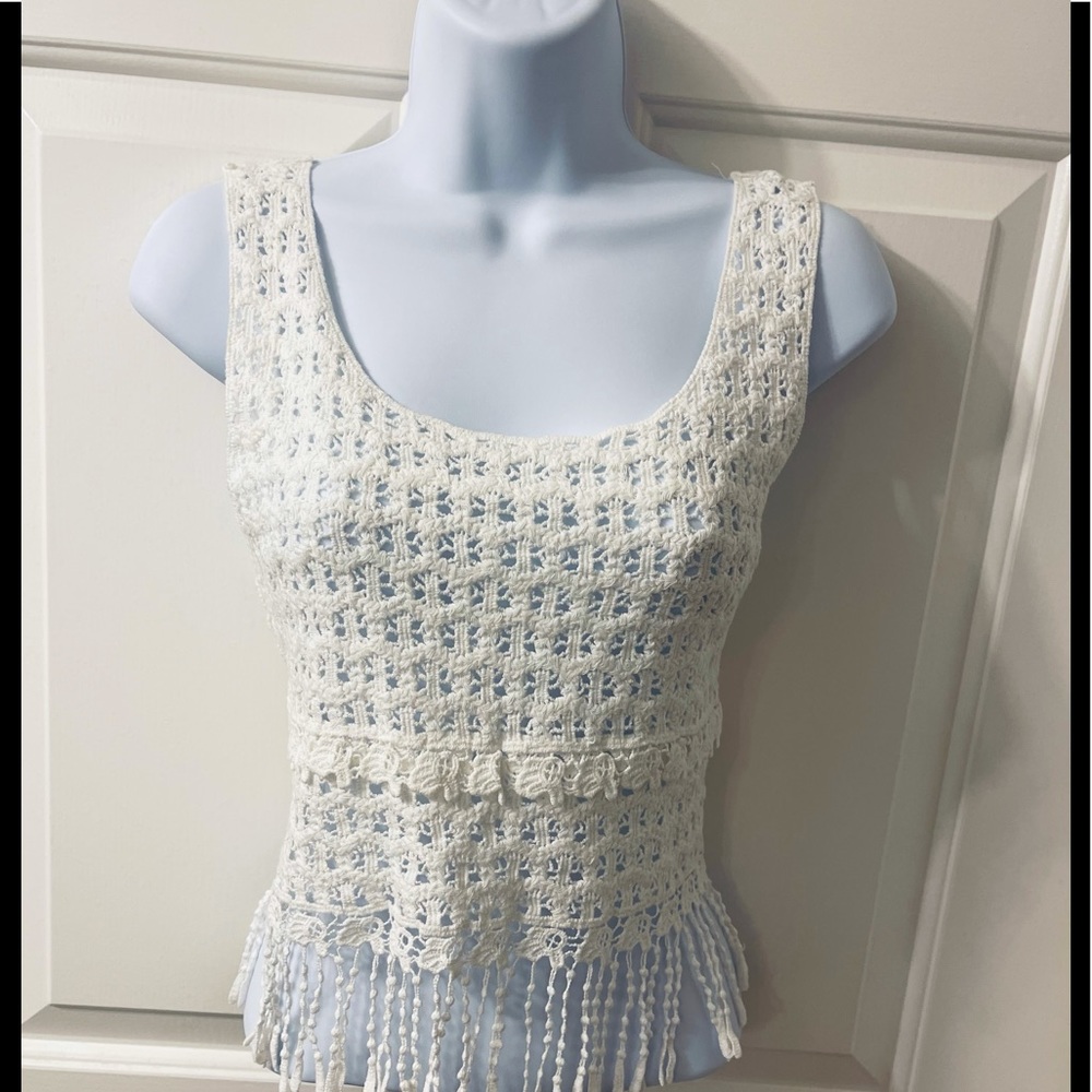 Crop crochet top L  white  with tassels NWT